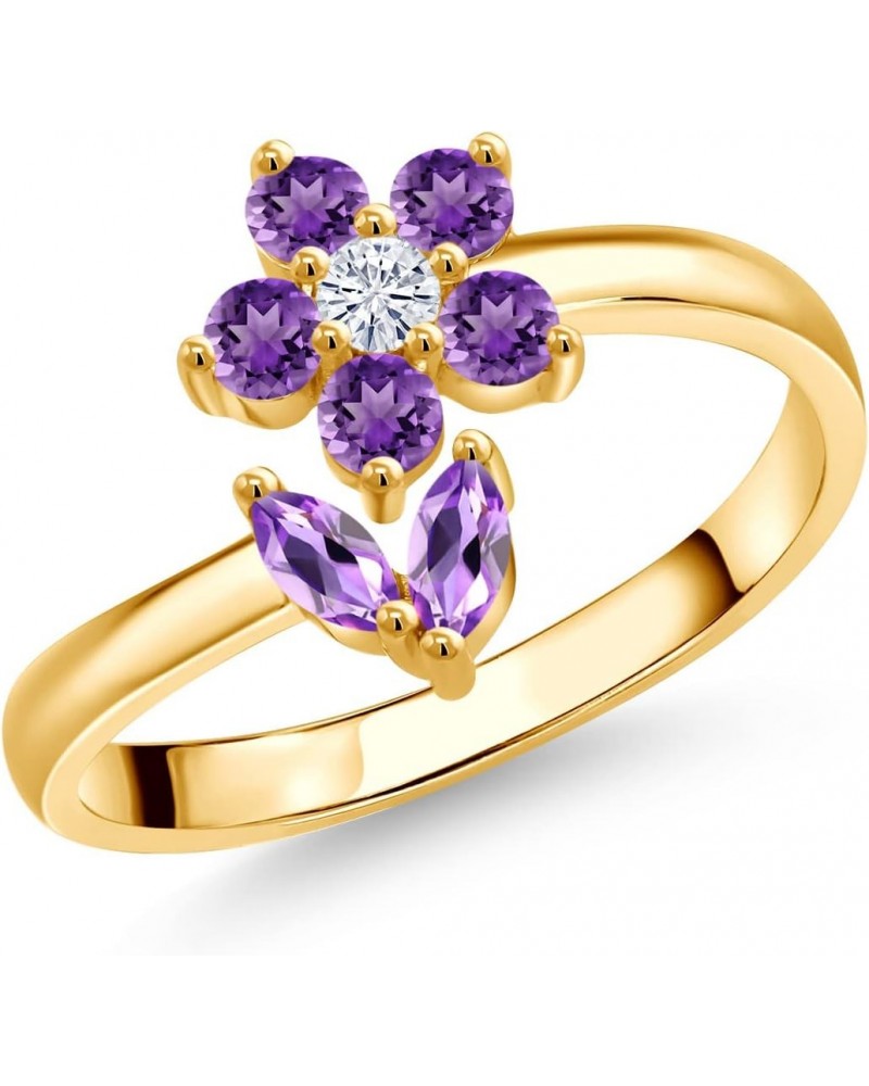 18K Yellow Gold Plated Silver Purple Amethyst and White Moissanite Flower Open Ring For Women (0.53 Cttw, Gemstone February B...