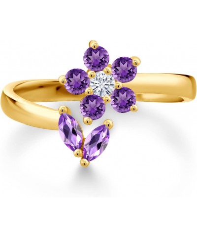 18K Yellow Gold Plated Silver Purple Amethyst and White Moissanite Flower Open Ring For Women (0.53 Cttw, Gemstone February B...