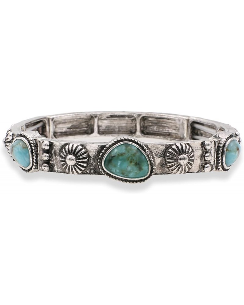 Western Style Turquoise Stone Stackable Antique Silver Tone Stretch Bracelet 2 $11.39 Bracelets