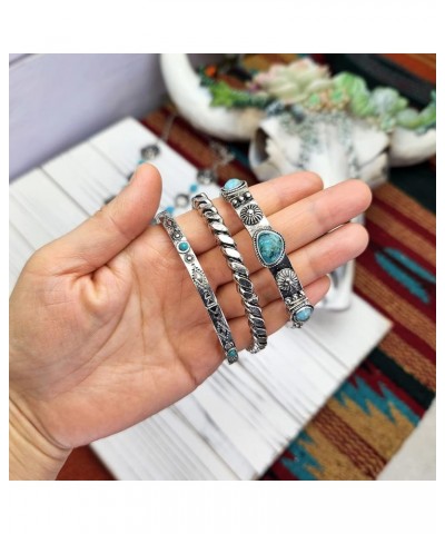 Western Style Turquoise Stone Stackable Antique Silver Tone Stretch Bracelet 2 $11.39 Bracelets