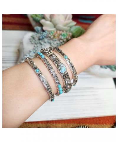 Western Style Turquoise Stone Stackable Antique Silver Tone Stretch Bracelet 2 $11.39 Bracelets