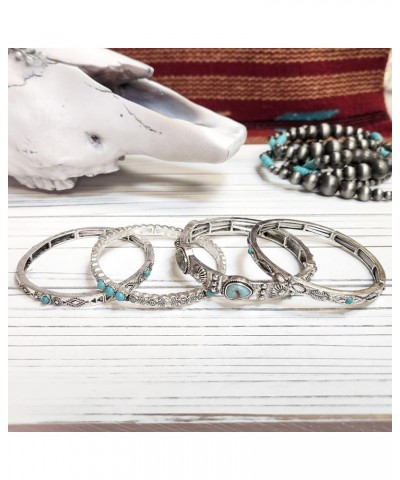 Western Style Turquoise Stone Stackable Antique Silver Tone Stretch Bracelet 2 $11.39 Bracelets