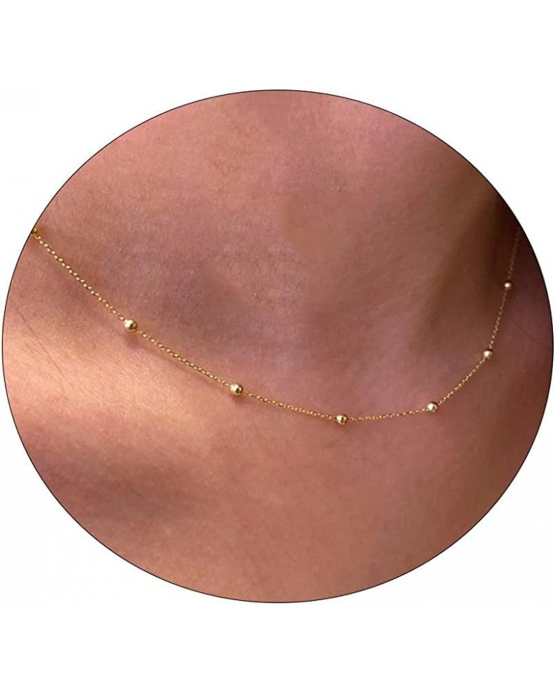 14K Gold/Silver Plated Satellite Choker Shining Dots Station Box Chain 3 Blue Beads Sparkle Chain Necklace Open Hearts Open S...