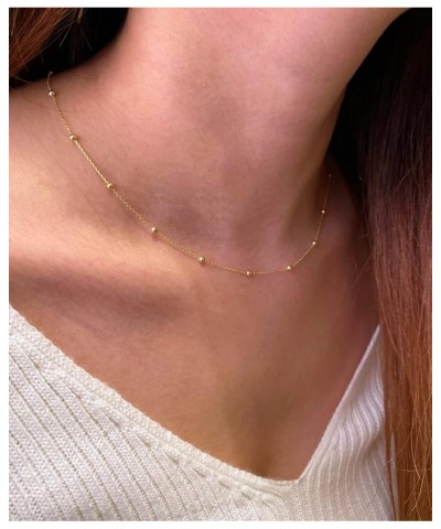 14K Gold/Silver Plated Satellite Choker Shining Dots Station Box Chain 3 Blue Beads Sparkle Chain Necklace Open Hearts Open S...