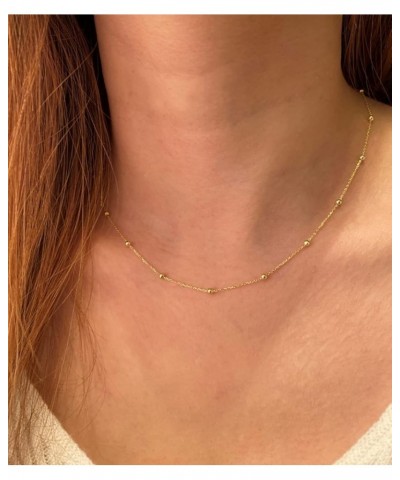 14K Gold/Silver Plated Satellite Choker Shining Dots Station Box Chain 3 Blue Beads Sparkle Chain Necklace Open Hearts Open S...