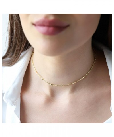 14K Gold/Silver Plated Satellite Choker Shining Dots Station Box Chain 3 Blue Beads Sparkle Chain Necklace Open Hearts Open S...