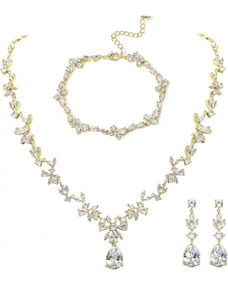 Cubic Zirconia Bride Wedding Jewelry Set Dangle Earrings Necklace Bracelet Set for Women Prom Party Gold $22.21 Jewelry Sets