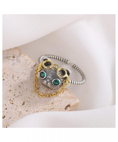 925 Sterling Silver Doctor Cat Open Adjustable Ring with Adjustable Spectacle-Frame, Green Glass Cat Ring For Women Gifts $14...