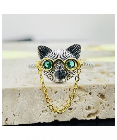 925 Sterling Silver Doctor Cat Open Adjustable Ring with Adjustable Spectacle-Frame, Green Glass Cat Ring For Women Gifts $14...