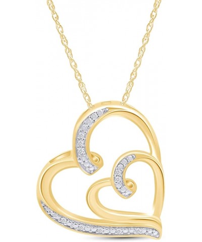 14k Gold Plated 925 Sterling Silver Round Cut White Natural Diamond Accent Double Heart Pendant Necklace, 18" Chain (I-J Colo...