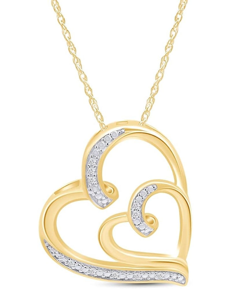 14k Gold Plated 925 Sterling Silver Round Cut White Natural Diamond Accent Double Heart Pendant Necklace, 18" Chain (I-J Colo...