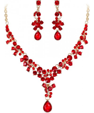 Women's Rhinestone Crystal Elegeant Wedding Feast Floral Teardrop Necklace Earrings Set Red Gold-Tone $14.15 Jewelry Sets