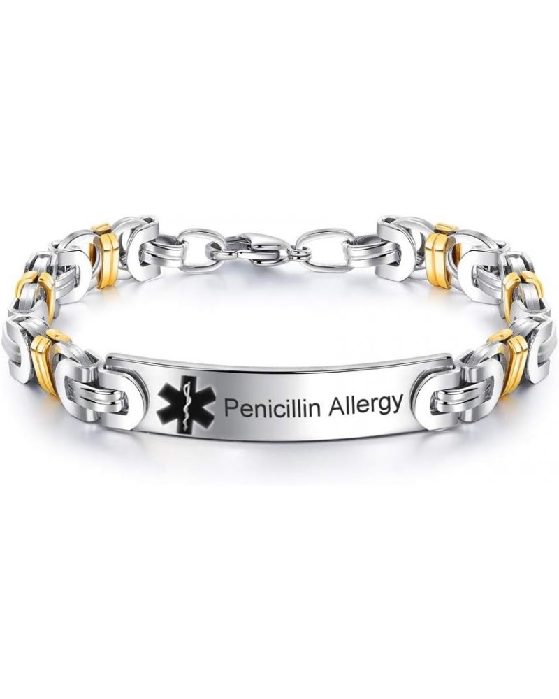 Personalized Custom Stainless Steel Medical Alert Allergy Awareness Byzantine Bracelet for Women Men Disease Identification I...