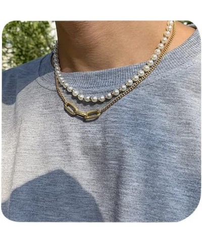 Pearl Necklace for Men Faux Pearl Necklace Mens Pearl Necklace Layered Cuban Link Necklace Pearl Chain Necklace Valentines Da...