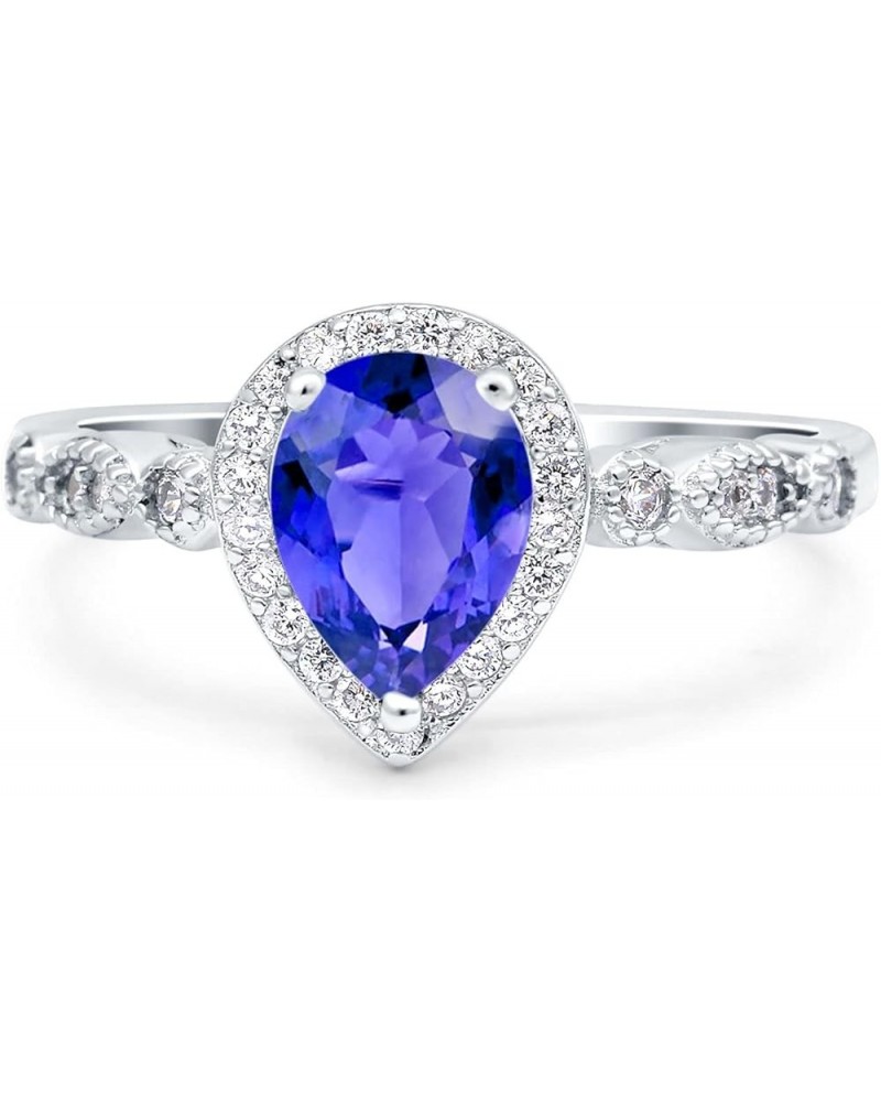 Halo Pear Shape Wedding Engagement Ring Round Simulated Cubic Zirconia 925 Sterling Silver Simulated Tanzanite CZ $14.81 Rings