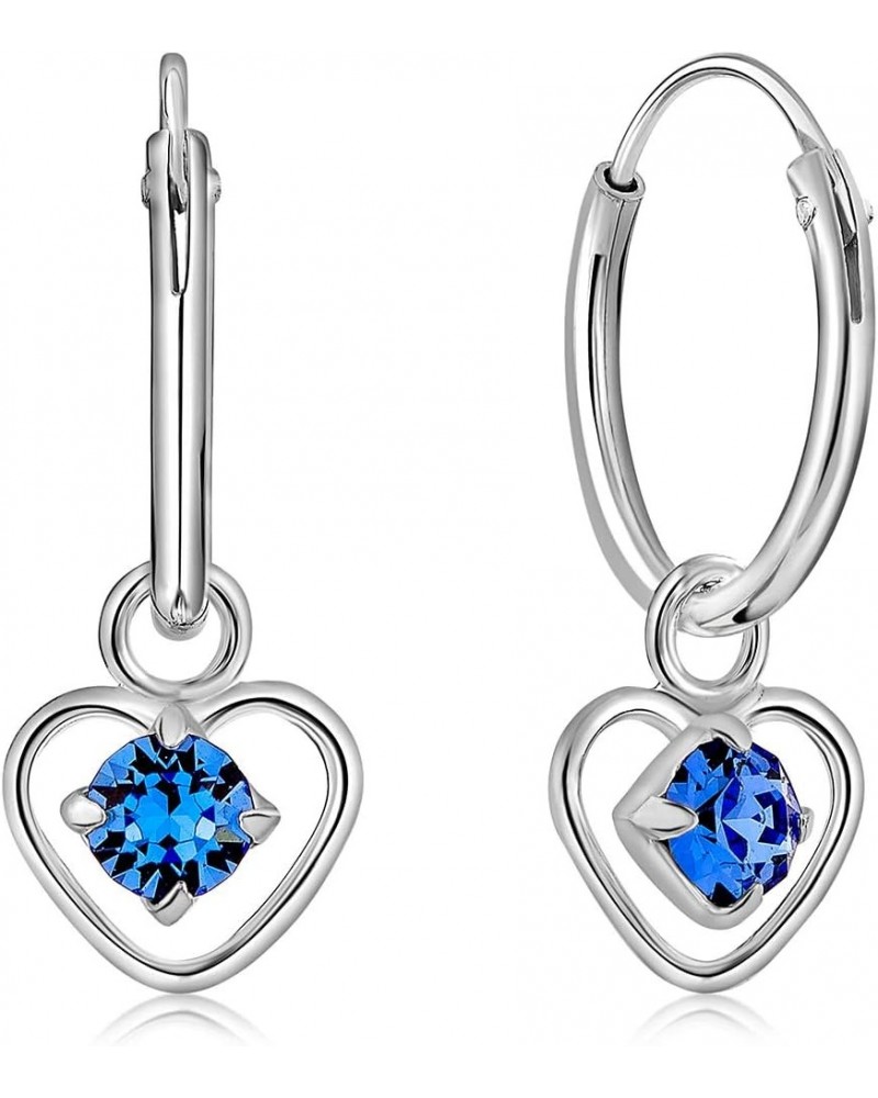 925 Sterling Silver TINY/VERY SMALL Endless Hoops/Sleepers Earrings and Dangling Heart with 3 mm Crystals from Swarovski Elem...