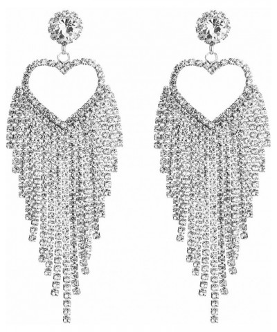 Long Tassel Crystal Earring Love Heart Rhinestone Earrings Silver Teardrop Chain Earring Jewelry for Women Girls $10.08 Earrings