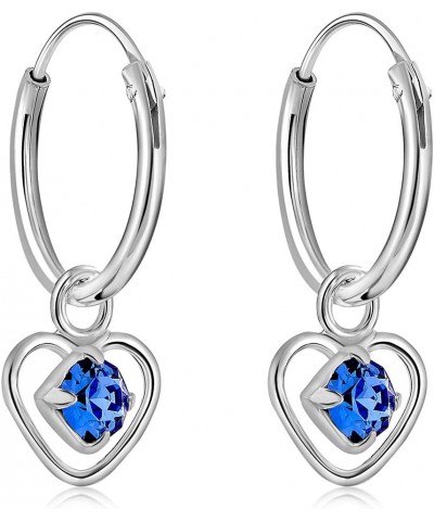 925 Sterling Silver TINY/VERY SMALL Endless Hoops/Sleepers Earrings and Dangling Heart with 3 mm Crystals from Swarovski Elem...