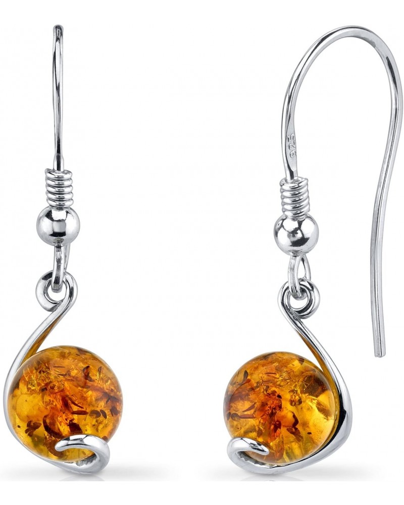 Genuine Baltic Amber Dangle Earrings for Women 925 Sterling Silver, Round Spherical Shape, Rich Cognac Color, Fishhooks $22.5...