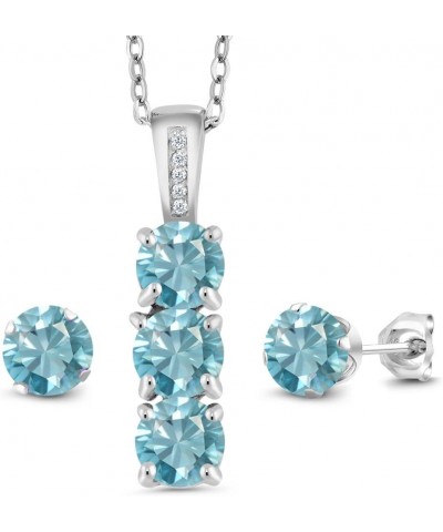 925 Sterling Silver Blue Zircon and White Diamond Pendant and Earrings Jewelry Set For Women (4.29 Cttw, Gemstone December Bi...