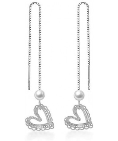 Sterling Silver Lace Heart Threader Earrings Dangle Chain for Women Teen Girls Pearl Dangling Earrings Long Tassel A-Silver $...