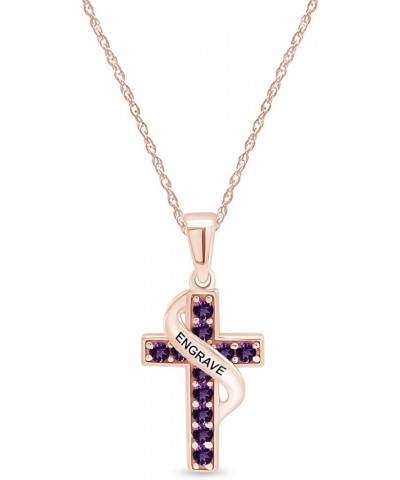 Personalized Simulated Birthstones Name Engraved Cross Pendant Necklace in 14k Rose Gold Over Sterling Silver 18" Chain Simul...