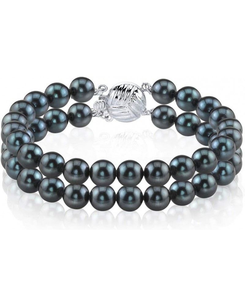 14K Gold AAA Quality Round Black Japanese Akoya Saltwater Cultured Pearl Double Strand Bracelet for Women 6.5 Inches 6-6.5mm ...