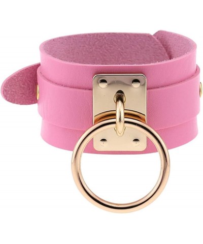 Punk Unisex PU Leather Wristband Rock Gold Silver Ring Bracelet Gothic Bangle Wrist Strap Adjustable Buckle Gold Ring-Pink Me...