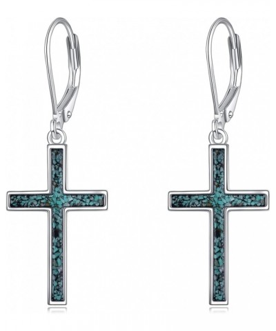 Cross Earrings Sterling Silver Dangle Drop Leverback Cross Earrings Religion Jewelry Christians Gifts for Women Men B-Turquoi...