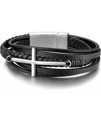 Stainless Steel Braided Leather Bracelet for Men, Punk Cuff Bangle 7.1'', 8.3'', 9 Inches Wristband, Black 7.1 Inches Cross -...