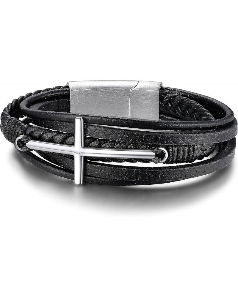 Stainless Steel Braided Leather Bracelet for Men, Punk Cuff Bangle 7.1'', 8.3'', 9 Inches Wristband, Black 7.1 Inches Cross -...