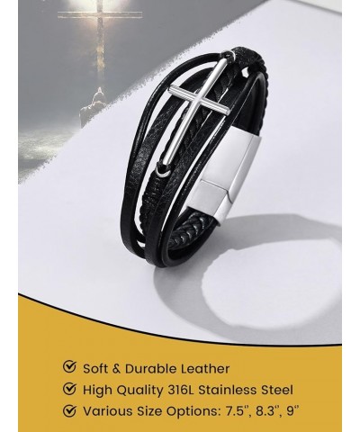 Stainless Steel Braided Leather Bracelet for Men, Punk Cuff Bangle 7.1'', 8.3'', 9 Inches Wristband, Black 7.1 Inches Cross -...