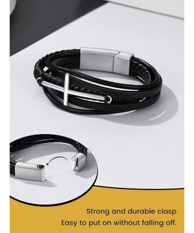 Stainless Steel Braided Leather Bracelet for Men, Punk Cuff Bangle 7.1'', 8.3'', 9 Inches Wristband, Black 7.1 Inches Cross -...