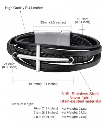 Stainless Steel Braided Leather Bracelet for Men, Punk Cuff Bangle 7.1'', 8.3'', 9 Inches Wristband, Black 7.1 Inches Cross -...