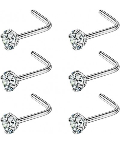 6PCS Surgical Steel/Titanium Nose Studs for Women Nostril Piercing Jewelry 22g / 20g / 18g 3mm CZ/L-shape/20g/Silver Surgical...