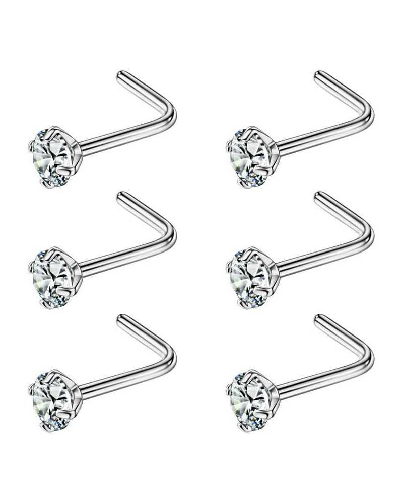 6PCS Surgical Steel/Titanium Nose Studs for Women Nostril Piercing Jewelry 22g / 20g / 18g 3mm CZ/L-shape/20g/Silver Surgical...