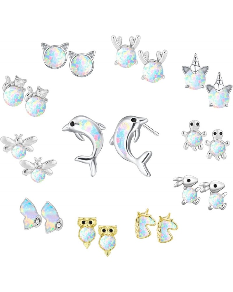 11 Pairs 925 Sterling Silver Stud Earrings for Girls Hypoallergenic Earrings Unicorn Earrings Animals Earrings Cute Small Stu...