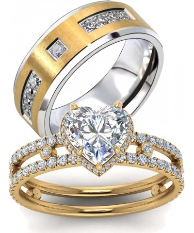 Couple Rings Matching Ring Heart 1.5ct CZ Yellow Gold Plated Women Wedding Ring Sets for Him and Her Rings Gold women size6 &...