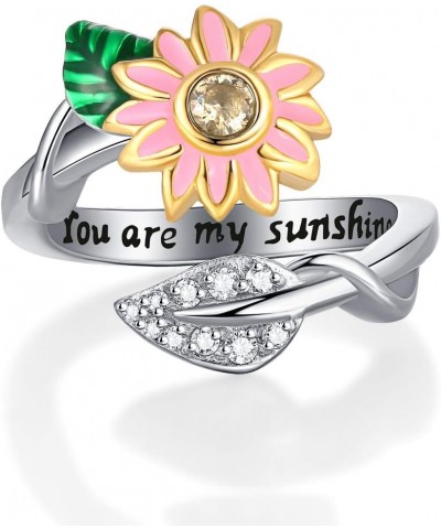 You are My Sunshine Sunflower Enameled CZ Heart Stainless Steel Ring Promise Eternity Band Cocktail Party Rings Adjustable Si...