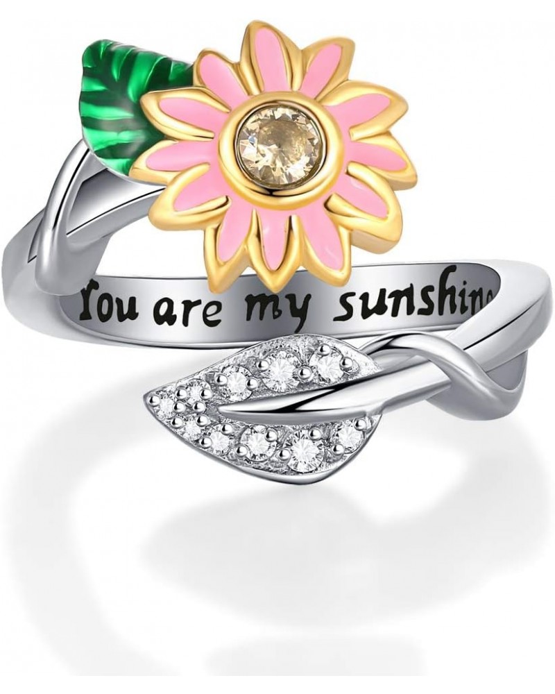 You are My Sunshine Sunflower Enameled CZ Heart Stainless Steel Ring Promise Eternity Band Cocktail Party Rings Adjustable Si...