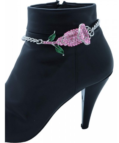 TFJ Women Boot Bracelet Chains Bling Silver Metal Western Fashion Anklet Shoe Pink Flower Charm Prom Dance $12.97 Anklets