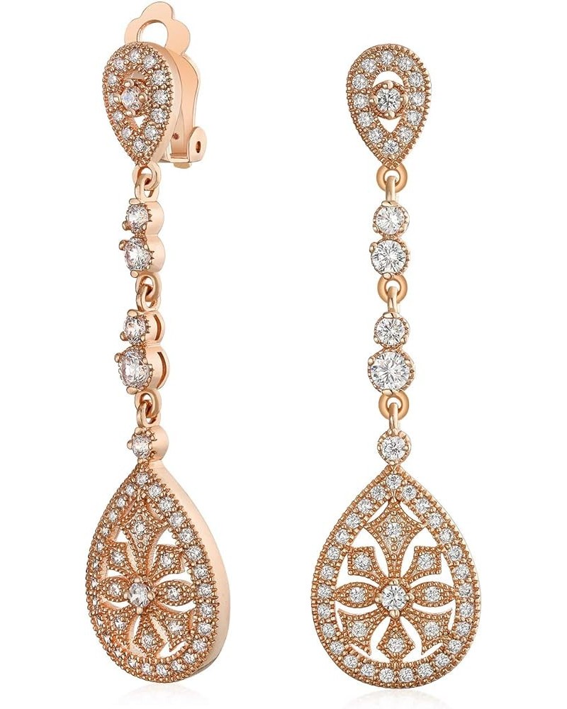 Bridal Vintage Art Deco Style Filigree Teardrop Cubic Zirconia Chandelier Clip On Earrings For Women Gold Silver Plated Rose ...