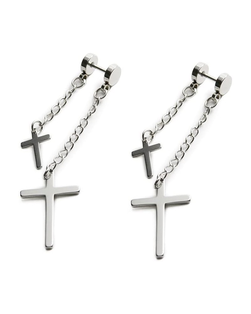 16g Double Chain Cross Threader Tassel Dangle Drop Barbell Cartilage Stud Earrings for Men Women Boys Girls Stainless Steel P...