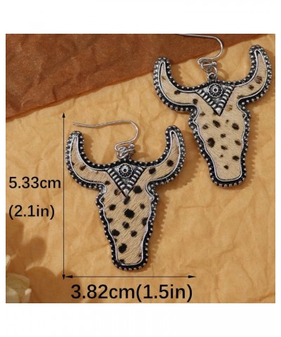 Vintage Western Cowgirl Cowboy Cow Head Dangle Drop Earrings Handmade Bohemian Leopard Print Bull Cattle Cow Head Leather Ear...