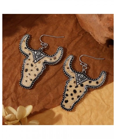 Vintage Western Cowgirl Cowboy Cow Head Dangle Drop Earrings Handmade Bohemian Leopard Print Bull Cattle Cow Head Leather Ear...