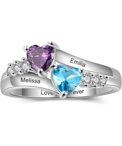 Personalized Sterling Silver Mothers Rings with 2 Heart Simulated Birthstones 2 Names Custom Engraved Promise Love Rings for ...