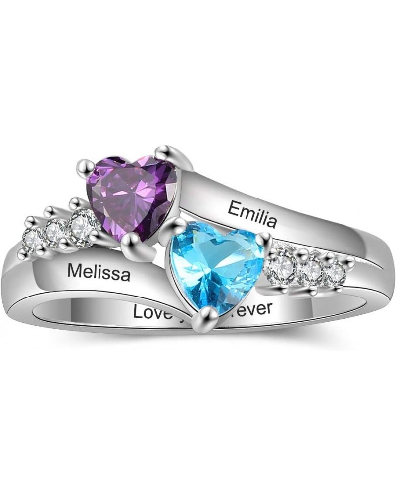 Personalized Sterling Silver Mothers Rings with 2 Heart Simulated Birthstones 2 Names Custom Engraved Promise Love Rings for ...