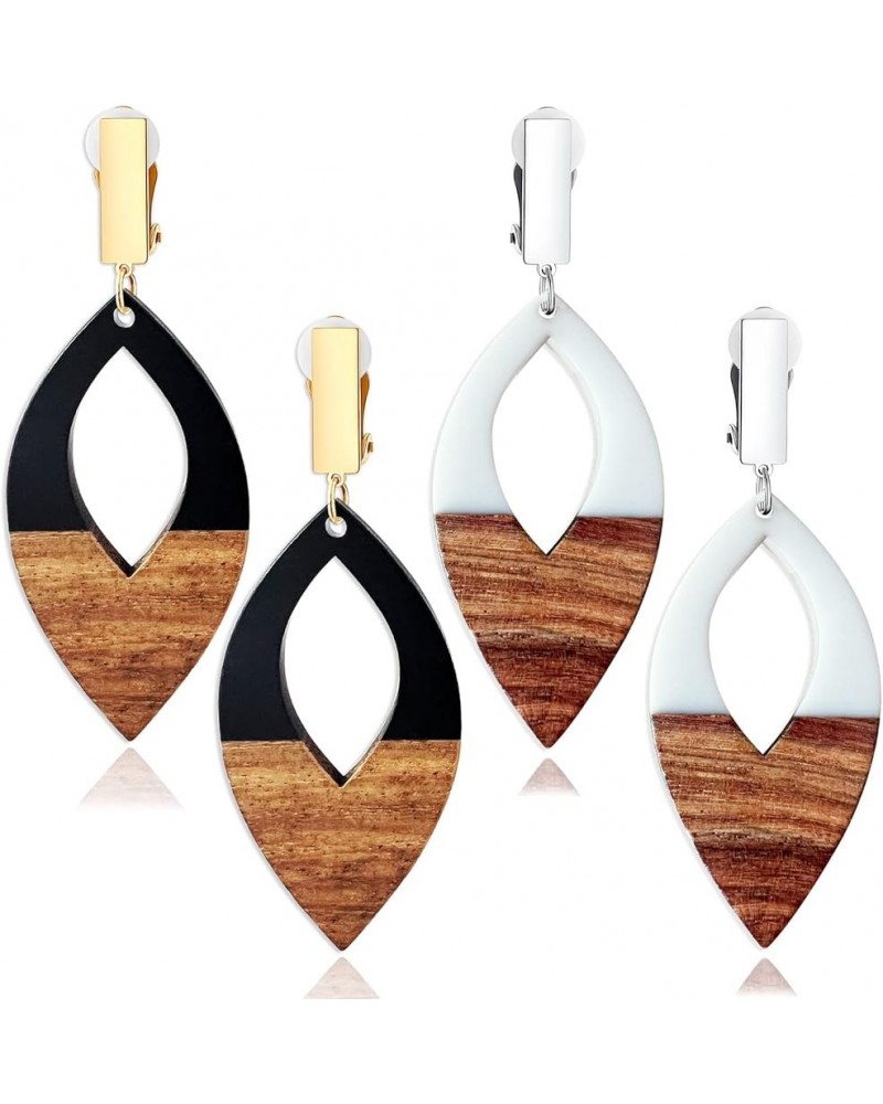 Wooden Geometric Clip On Earrings Women Gold Black Wood Non Pierced Ears Dangle Drop Earrings Triangle Leaf Comfortable Clip ...