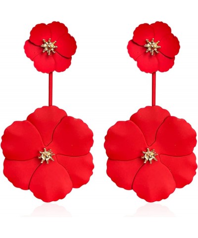 Boho Summer Long Metal Poppy Flower Dangle Earring Matte Painted Dual Flower Floral Petal Tiered Drop for Women Red $5.60 Ear...