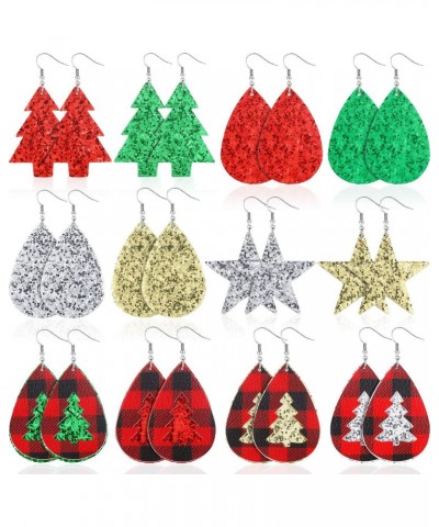 12 Pairs Christmas Faux Leather Earring Leaf Drop Dangle Earring Teardrop Earring for Woman Girls (Glitter Star) $9.68 Earrings